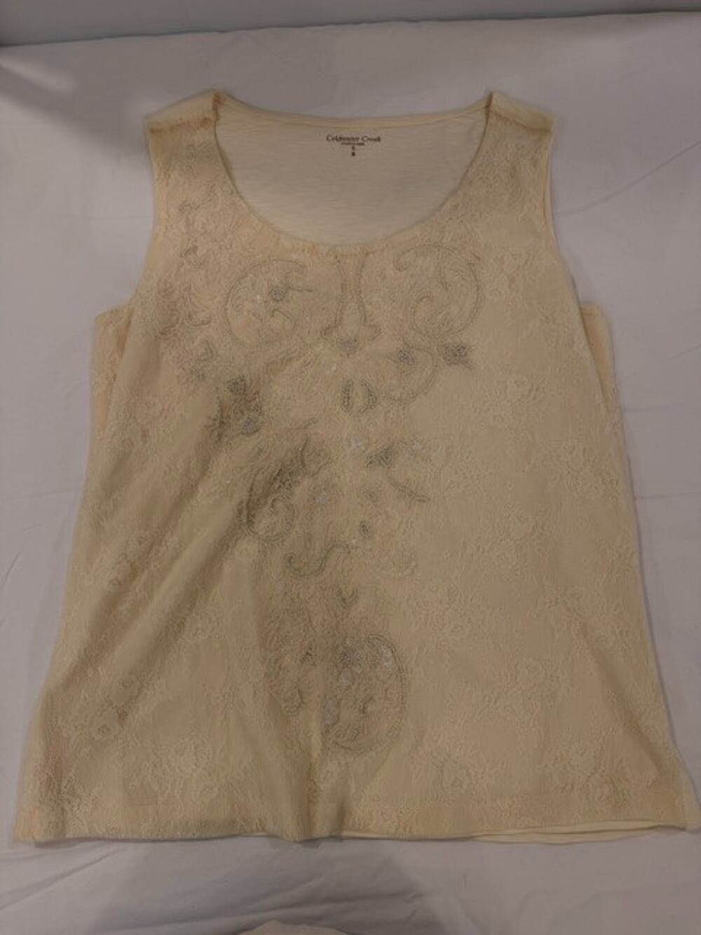 Coldwater Creek Sleeveless Decorative Blouse Sz Small 8 Cream Beige Lightweight